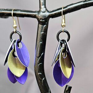 GU Earrings of Purple & Gold Anodized Aluminum Dragon Scales, Handmade - 2.25"